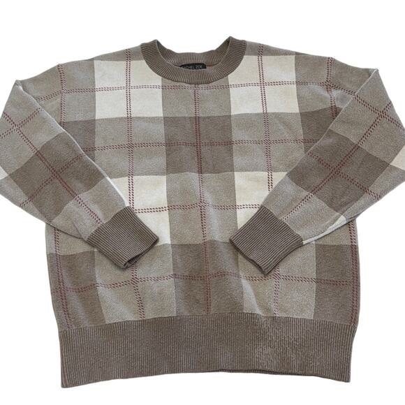 Rachel Zoe Sweater Womens Medium Brown Plaid Grid Knit Crew Neck - Picture 1 of 7